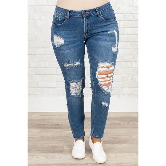 Azura Exchange  Blue Plus Size Distressed Ripped Skinny Jeans - Picture 1 of 7